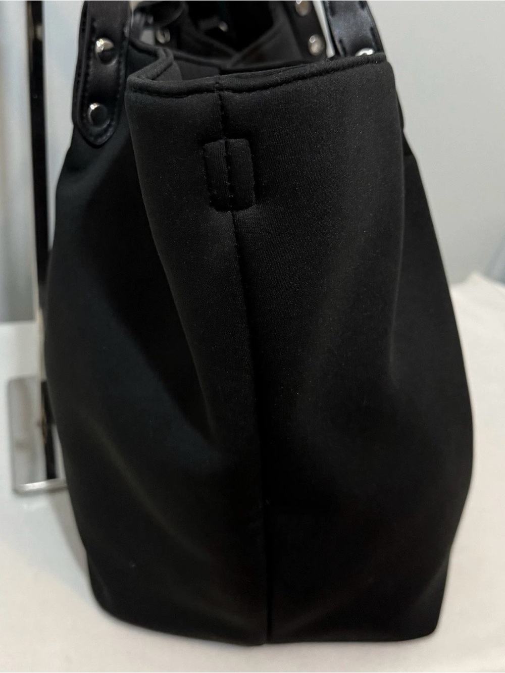 Marla Wynne Tote Bag Black Neoprene with Leather Trim Adjustable Sides & Tassel - Picture 4 of 16
